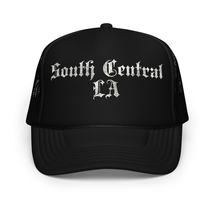 A vintage black colored foam trucker hat that says South Central LA in bold silver letters, referencing Los Angeles, California.