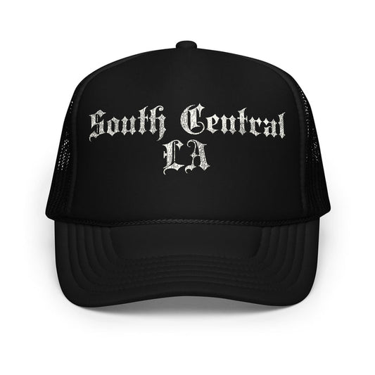 A vintage black colored foam trucker hat that says South Central LA in bold silver letters, referencing Los Angeles, California.