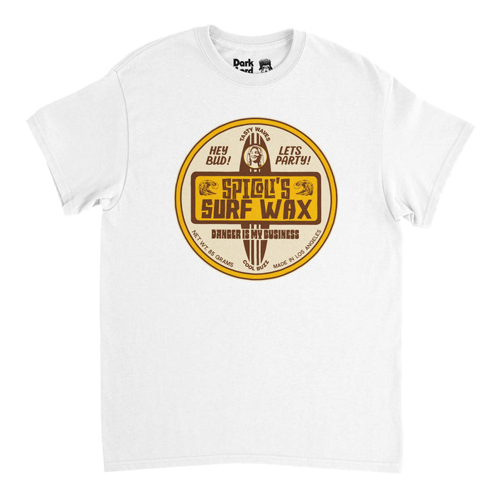 A retro, white colored 80s style t-shirt with a circular graphic outlined in yellow that says at the center "Spicoli's Surf Wax" and "Danger is my Business" over the image of a surfboard with character Jeff Spicoli's face on it (acted by Sean Penn). Also says 'Hey Bed!', 'Let's party!', 'Cool Buzz', 'Made in Los Angeles', and 'Net WT 85 Grams'. References the comedy romance movie "Fast Times at Ridgemont High".