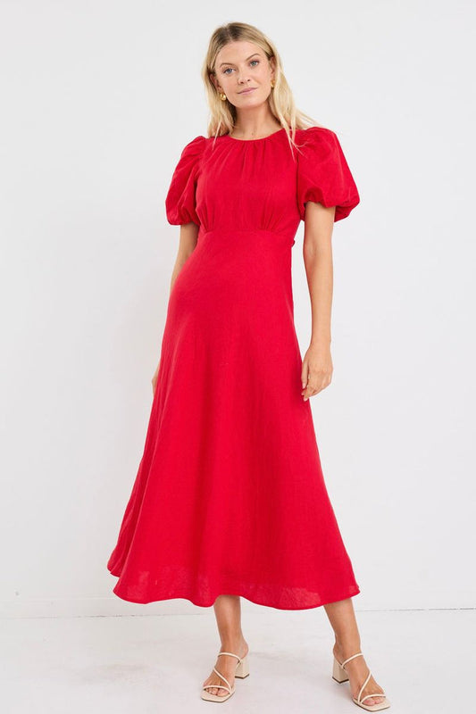 Stories To Be Told Stage Puff Sleeve Floaty Maxi Dress in Cherry | Red Maxi Dress with Fitted Waist and Puffed Silhouette