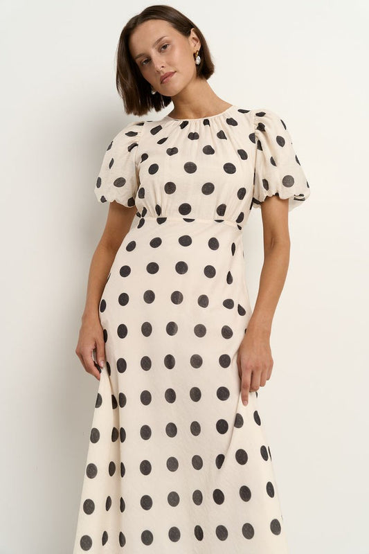 Stories Be Told Stage Puff Sleeve Floaty Maxi Dress in Cream/Black Polka Dot | Polka Dots Maxi Dress with Puff Sleeves