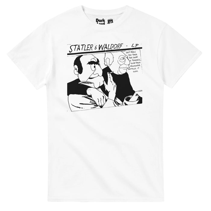 A white colored, short sleeved 80s style souvenir t-shirt that says "Statler & Waldorf, LP and the quote "Just when you think this show is terrible, something wonderful happens. It ends." References the iconic series "The Muppet Show" in which Statler and Waldorf are always complaining and heckling. Includes a black and white drawn graphic of Statler and Waldorf sitting with each other and smoking.