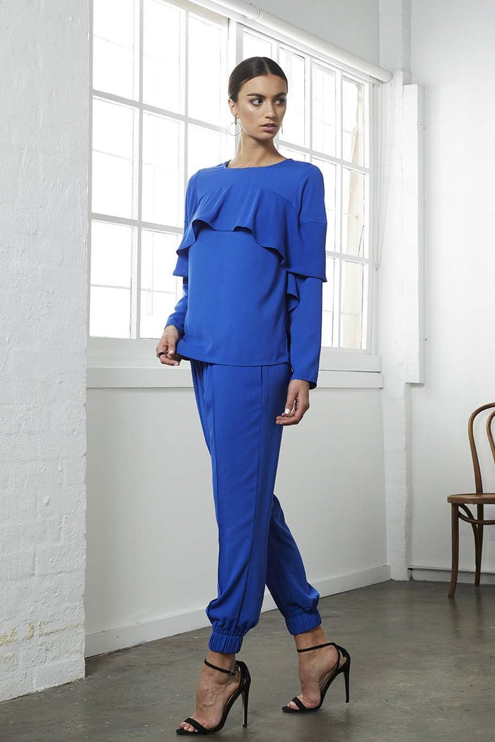 cobalt blue tapered pants with elastic cuff ankles | Shilla