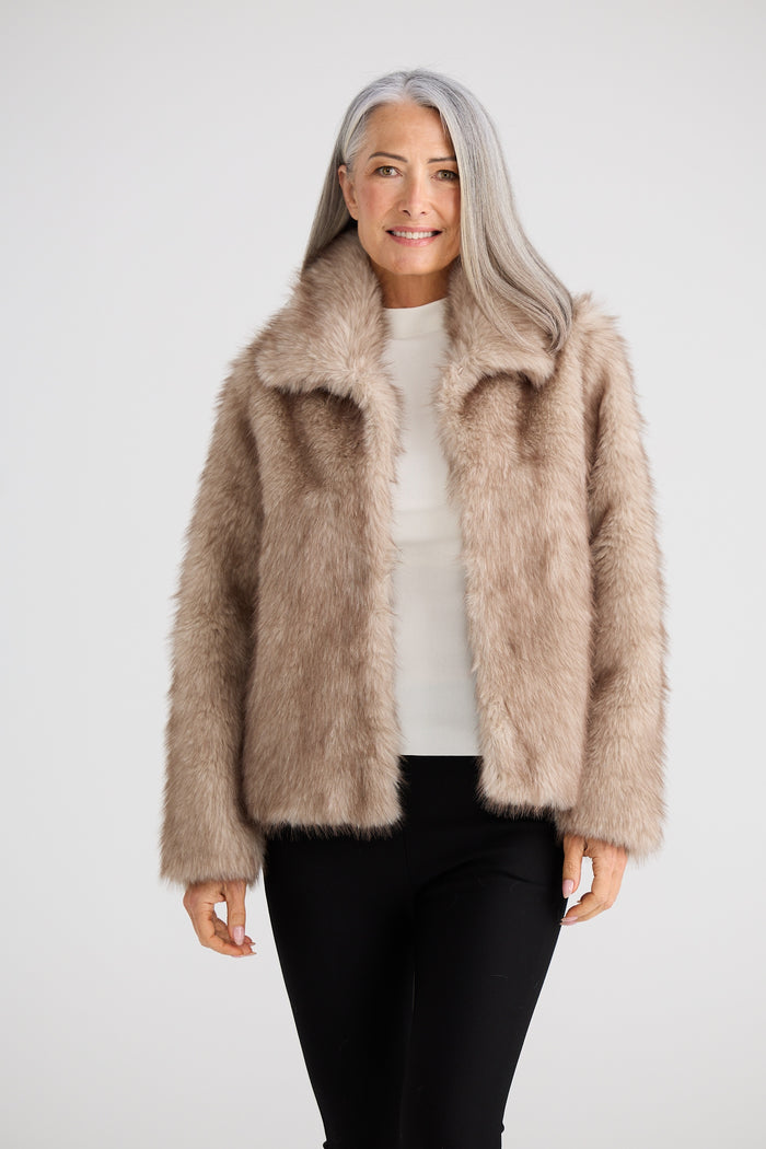 Brave + True Steinway Faux Fur Jacket in Taupe | Women's Jackets | Gretel Lane