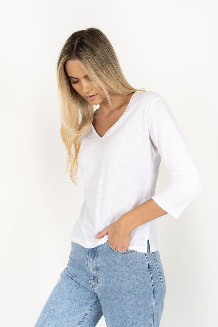 Humidity Women's White Cotton 3/4 Sleeve Stella v-neck Tee | Gretel Lane