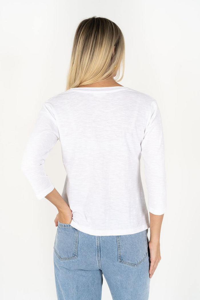 Humidity Women's White Cotton 3/4 Sleeve Stella v-neck Tee | Gretel Lane