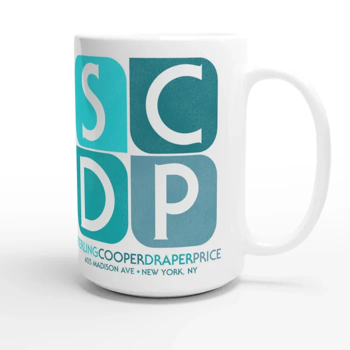A retro, souvenir SCDP mug, standing for Sterling Cooper Draper Pryce at the address 405 Madison Ave, New York, NY in different shades of blue. References the fictional New York Madison Avenue advertising firm from the drama television series Mad men, starring Jon Hamm as Don Draper and January Jones as Betty Draper.