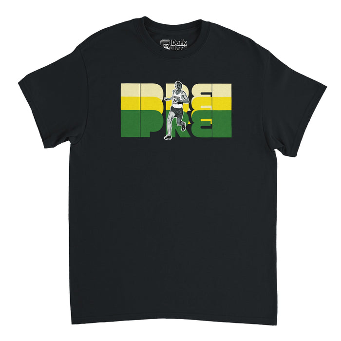 A retro, 80s style black short sleeved t-shirt with large, bold bubble letters shaded in greens and yellows spelling PRE, a nickname for legendary distance runner Steve Prefontaine, with an image of the iconic runner wearing a jersey that says "Oregon" with number "254", from when he won the 1971 AAU National Championship 3 Mile race.