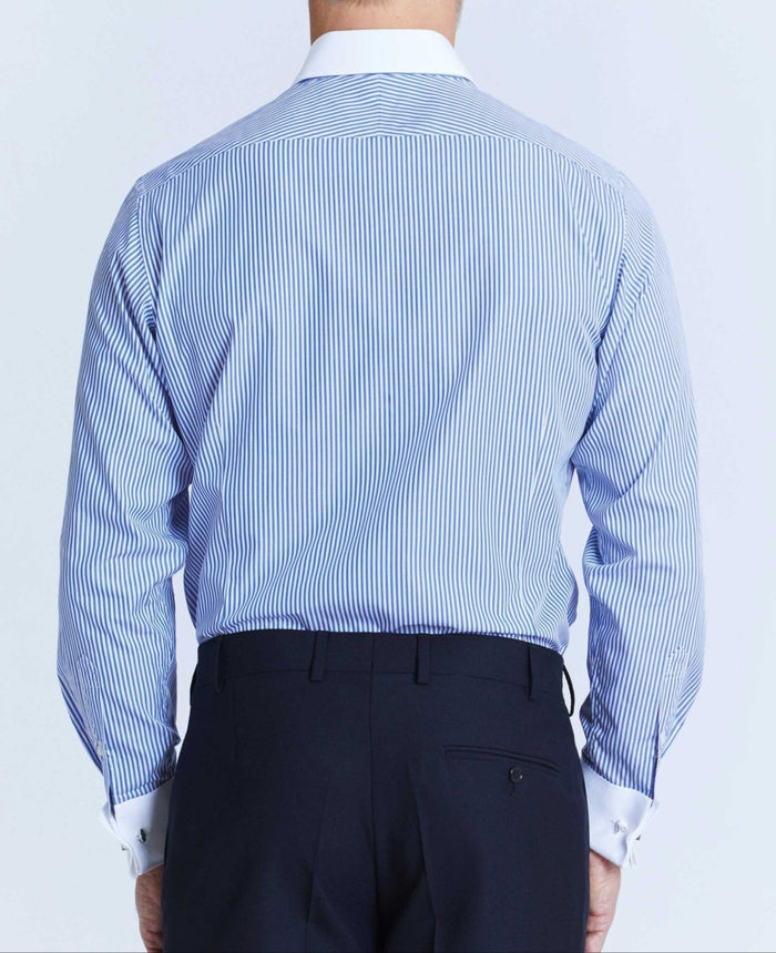 stewart blue bengal stripe made to measure shirt model back 1
