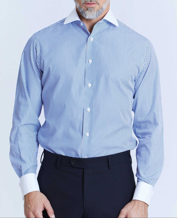 stewart blue bengal stripe made to measure shirt model 1