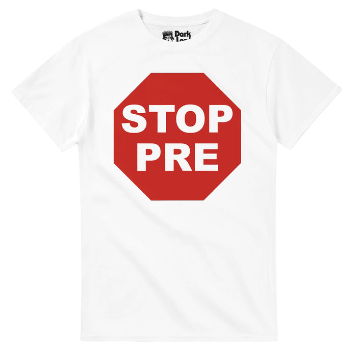 A vintage, souvenir "Stop Pre" t-shirt with the graphic of a red stop sign in reference to legendary long distance runner Steve Prefontaine who set many American records, competed in the 1972 Summer Olympics, ran for the Oregon Ducks, and now has a one day meet named in honor of him, the Prefontaine Classic. The shirt is a replica of the one he wore while signing autographs at the Olympic Trails in Eugene, Oregon.