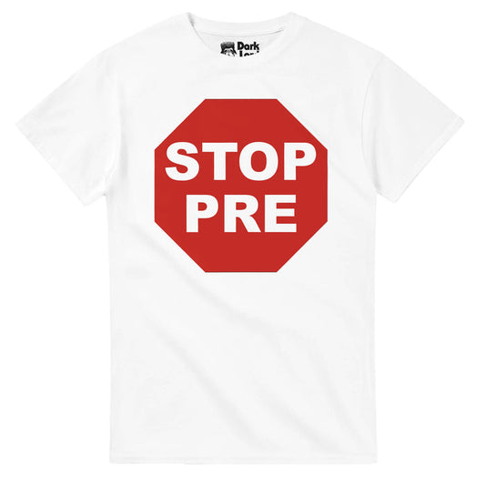 A vintage, souvenir "Stop Pre" t-shirt with the graphic of a red stop sign in reference to legendary long distance runner Steve Prefontaine who set many American records, competed in the 1972 Summer Olympics, ran for the Oregon Ducks, and now has a one day meet named in honor of him, the Prefontaine Classic. The shirt is a replica of the one he wore while signing autographs at the Olympic Trails in Eugene, Oregon.