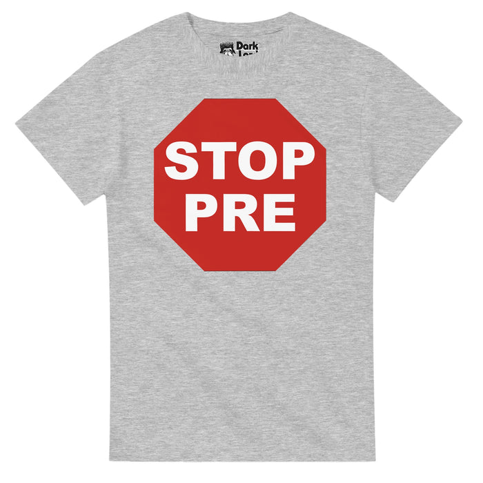 A vintage, heather gray colored short sleeved 80s style t-shirt that has the graphic of a stop sign that says "STOP PRE". References the iconic long distance runner, Olympian, and American record holder Steve Prefontaine, who signed autographs at the 1972 Olympic trails wearing a Stop Pre t-shirt, and ran with the Oregon Track Club, known as "America's Distance Prodigy", a premier world track meet called the "Prefontaine Classic" now held in his honor in Eugene, Oregon at the University of Orego