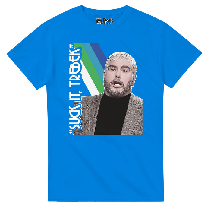 A royal blue souvenir, 70s style t-shirt with an image of Darrell Hammond as Sean Connery against a backdrop of stripes of blues and greens and the words "Suck it, Trebek", referencing his iconic quote from the Saturday Night Live SNL skit called Celebrity Jeopardy! from 1999, Season 25, in which Will Ferrell as Alex Trebek hosts jeopardy with French Stewart, played by Jimmy Fallon, Burt Reynolds, played by Norm Macdonald, and Sean Connery, played by Darrell Hammond.