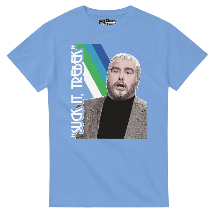 A retro, blue short sleeved shirt in the 1980s style that says "SUCK IT, TREBEK" on top of an image of character Sean Connery wearing a black shirt and gray sport coat against a background of stripes in blue, white, and green. References the hilarious 1999 Season 25 Saturday Night Live (SNL) sketch Celebrity Jeopardy! with host Alex Trebek (Will Ferrell), French Stewart (Jimmy Fallon), Sean Connery (Darrell Hammond), and Burt Reynolds (Norm Macdonald).