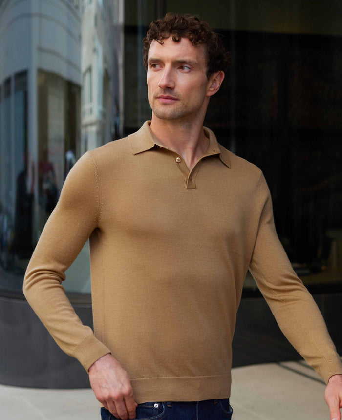 Men's Tan Merino Wool Knitted Polo Shirt model shot
