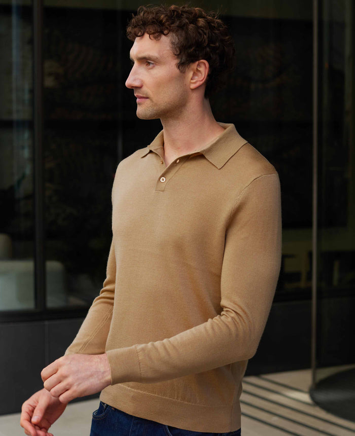 Men's Tan Merino Wool Knitted Polo Shirt model shot