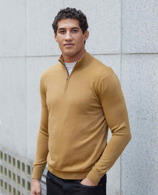 Men's Tan Merino Wool Zip Neck Jumper model shot
