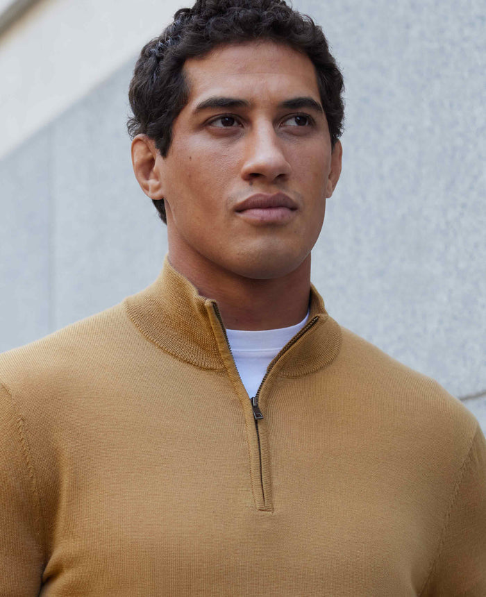 Men's Tan Merino Wool Zip Neck Jumper model shot