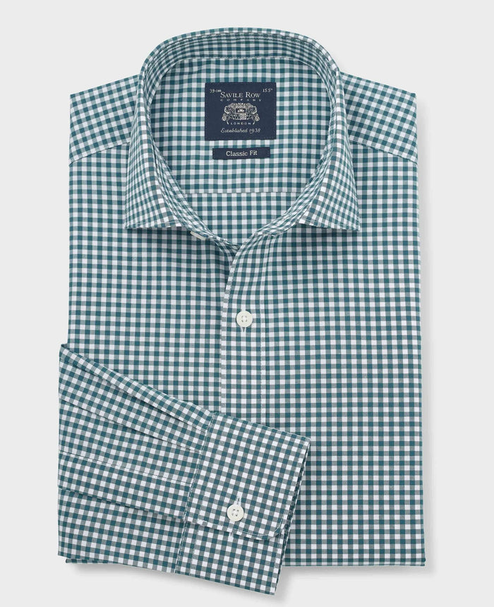 Men's Teal Gingham Cotton Poplin Classic Fit Formal Shirt With Single Cuffs folded shot