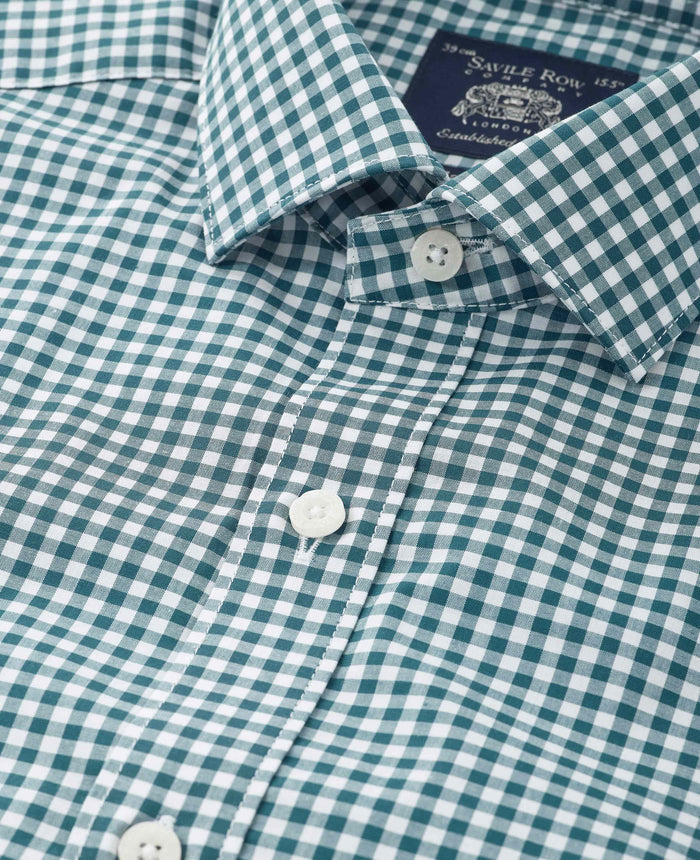 Men's Teal Gingham Cotton Poplin Classic Fit Formal Shirt With Single Cuffs collar detail