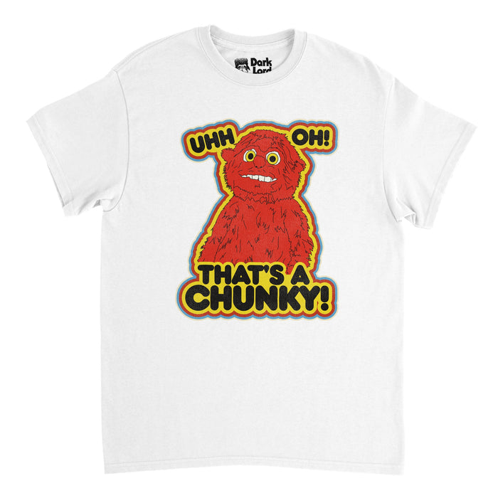 A retro white colored 80s style short sleeve t-shirt that says "Uhh Oh! That's  A Chunky!" around the image of a red, furry puppet monster surrounded by a yellow and red outline. From the sketch Dan Vega's Mega Money Quiz from I Think You Should Leave with Tim Robinson that also features Andy Samberg.