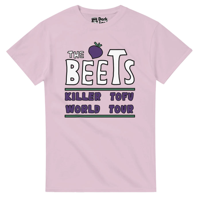 A light pink colored, retro souvenir t-shirt that says "The Beets, Killer Tofu World Tour" in white and purple bubble letters, outlined in green lines, with a purple beet graphic. References the musical popular band "The Beets" from the tv show "Doug" made up of Munroe Yoder, Chap Lipman, Flounder, and Wendy Nespah, and their song called "Killer Tofu" first heard during episode "Doug Rocks".