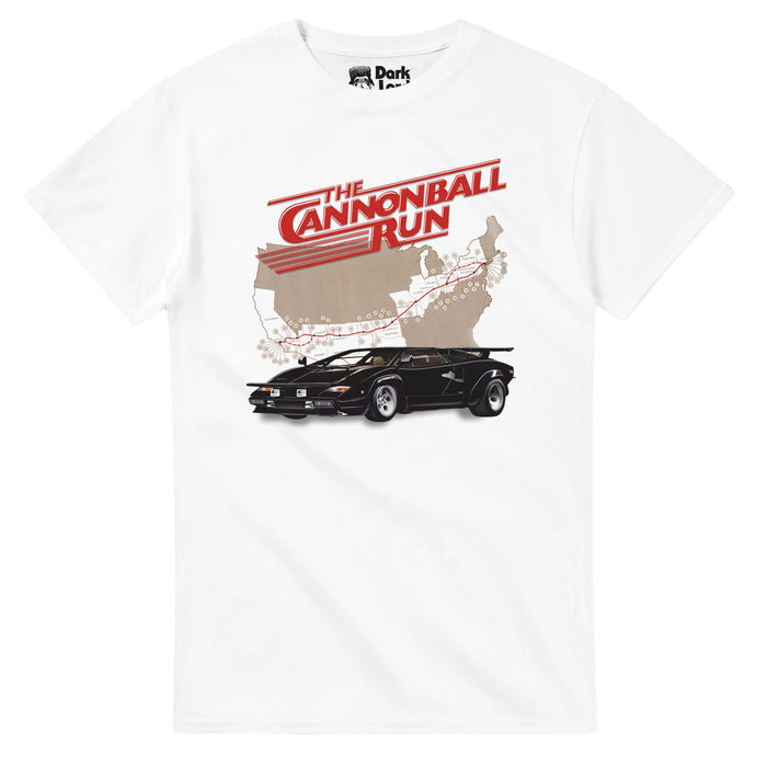 A retro, 80s style t-shirt in white that says "The Cannonball Run" with red lines like the words are racing above an image of a light brown map of the United States with a trail from Connected to southern California in red with stops marked, and the iconic black Lamborghini car. In reference to the 1981 comedy action movie "The Cannonball Run", based on the 1979 Cannonball Baker Sea-To-Shining-Sea Memorial Trophy Dash, a cross country outlaw road race, and starring Burt Reynolds, Dom DeLuise, &