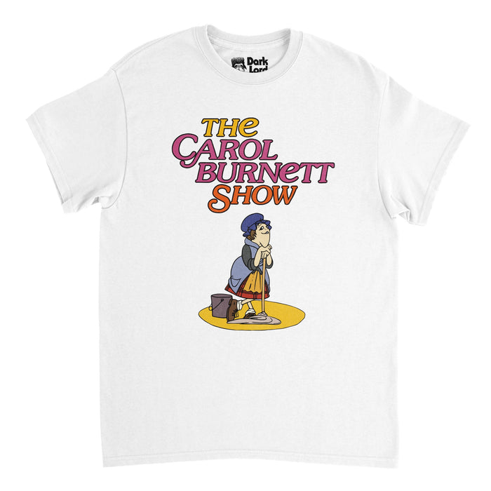 A retro, white colored 80s style t-shirt that says in yellow, pink, and orange bubble letters "The Carol Burnett Show" referencing the iconic variety show with vaudeville roots. Includes an image of a curly red haired maid with yellow and red skirts and a blue sweater leaning on a mop next to a bucket on top of a yellow circle, referencing the charwoman animated caricature from the credits of the show, also similar to the character Carol Burnett played on The Gary Moore Show.
