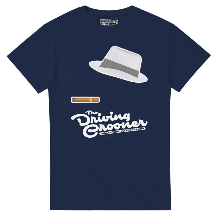 A vintage, 70s style navy t-shirt with graphics of a gray bowler hat and a yellow cigar above "The Driving Crooner" with the website "www.thedrivingcrooner.com". In reference to the skit "The Driving Crooner" from Netflix's TV sketch comedy series "I Think You Should Leave", created by Tim Robinson and Zach Kanin, in which a character refers to himself as The Driving Crooner, has decals of the hat and cigar on his car windows, makes a fish face at other drivers, & has a dangerous feud with a fra
