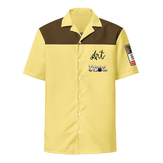 The front of a gold and brown colored retro, collared, button up shirt and costume that says "Art" in cursive letters above the image of multiple bowling pins falling from a bowling ball, a "League Champion" patch on the left sleeve. References the iconic 1998 crime comedy movie "The Big Lebowski" and the Medina Sod bowling shirt that Jeffrey "The Dude" Lebowski wears.
