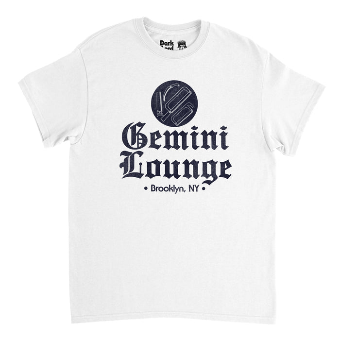 A retro white colored 80s style t-shirt that says "Gemini Lounge" and "Brooklyn, NY" with an image of multiple dangerous saws and tools. References the real life Gemini Lounge, the headquarters of the DeMeo Crew of the Gambino Family, affiliated with the Mafia, and location of tons of killings, the story of which was made into the movie "The Gemini Lounge" and "Inside Man".