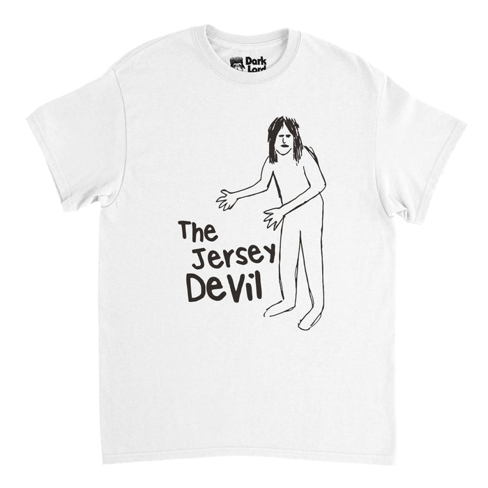 A short sleeved white retro t-shirt that says "The Jersey Devil" next to a naked woman drawn with long hair, his hands seemingly pointing towards the words. References the episode 'The Jersey Devil' from the television show The X-Files in which Mulder and Scully investigate murders in New Jersey that seem cannibalistic in nature, and think it is the folk legend creature in South Jersey, also known as the Leeds Devil, and this is a drawing of the monster that they make.