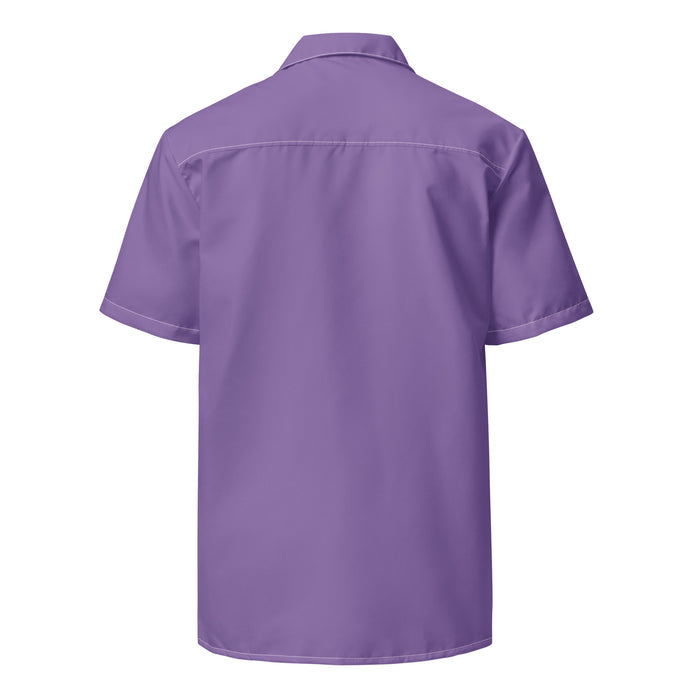 The back of a short sleeved, vintage, souvenir purple lavender button up costume shirt with a collar. From the comedy "The Big Lebowski", worn by Jesus Quintana played by the actor John Turturro.