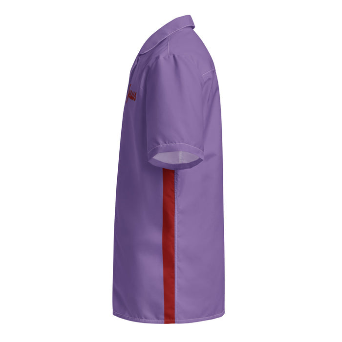 The left side of a retro, 80s style purple button up shirt with a collar and a bright red stripe. References the comedic movie "The Big Lebowski" in which Jesus Quintana (played by John Turturro) wears a purple bowling costume that says Jesus.