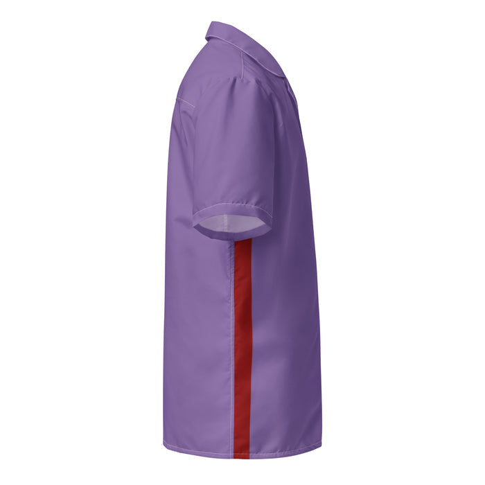 The right side of a costume, retro purple colored collared button up shirt with a red strip up the side. References Jesus Quintana played by John Turturro in the hilarioius movie "The Big Lebowski" who wears a purple bowling outfit inscribed with "Jesus" in red letters.