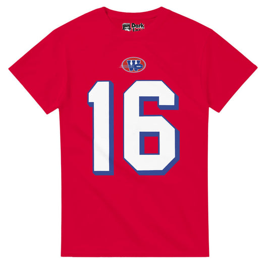 A retro, red colored jersey replica with a graphic of the letter W and a football flying across and a large number 16 in white and blue. References the character Shane Falco, a left handed former All-America quarterback who played for Ohio State, portrayed by the actor Keanu reeves in the 2000 sports comedy movie "The Replacements", based on the 1987 NFL Strike, directed by Howard Deutch, starring Gene Hackman, Brooke Langton, Orlando Jones, Jon Favreau, Rhys Ifans, & Faizon Love.