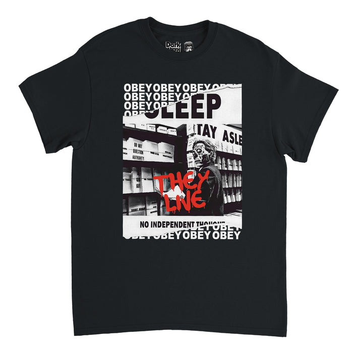 A retro, short sleeved 70s style black colored t-shirt that says "They Live" in horror like dripping red letters over an image of a man with a mask and other phrases like "Sleep", "No Independent Thoughts", and "Obey". References the iconic 1988 satirical sci-fi film written, directed, and scored by John Carpenter that starred famous actors like Roddy Piper, Meg Foster, and Keith David.