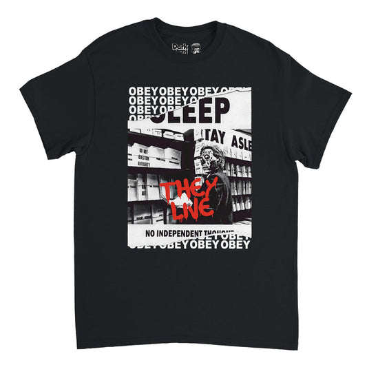 A retro, short sleeved 70s style black colored t-shirt that says "They Live" in horror like dripping red letters over an image of a man with a mask and other phrases like "Sleep", "No Independent Thoughts", and "Obey". References the iconic 1988 satirical sci-fi film written, directed, and scored by John Carpenter that starred famous actors like Roddy Piper, Meg Foster, and Keith David.