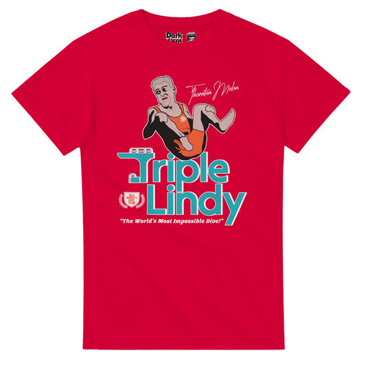 A retro, 70s style bright red t-shirt that says "Triple Lindy" and "The World's Most Impossible Dive!" with an emblem that says "Glu Varsity Dive Team" and the graphic of a blonde curly haired guy wearing an orange swimsuit next to his name, Thornton Melon. References the iconic comedy 1986 movie "Back To School" in which character Thronton Melon, played by iconic actor Rodney Dangerfield, dives into a pool with multiple flips, known as the Triple Lindy.