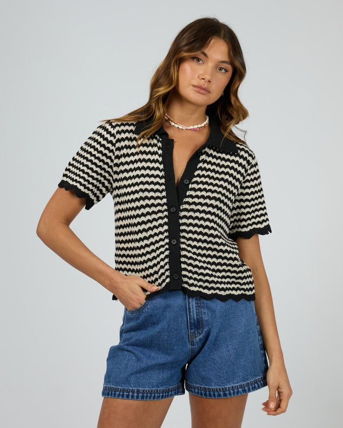 Women's black knit button-front top | All About Eve