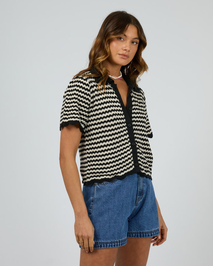 Black crochet-look knit top | All About Eve