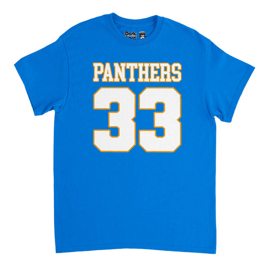 The front of a blue colored vintage, 70s style short sleeved t-shirt that says PANTHERS in all caps letters and has the athletic number 33 in white block letters outlined in the color yellow. In reference to the jersey worn by Tim Riggins, portrayed by Taylor Kitsch, the fullback/running back of the Dillon Panthers football team in the drama television series "Friday Night Lights".