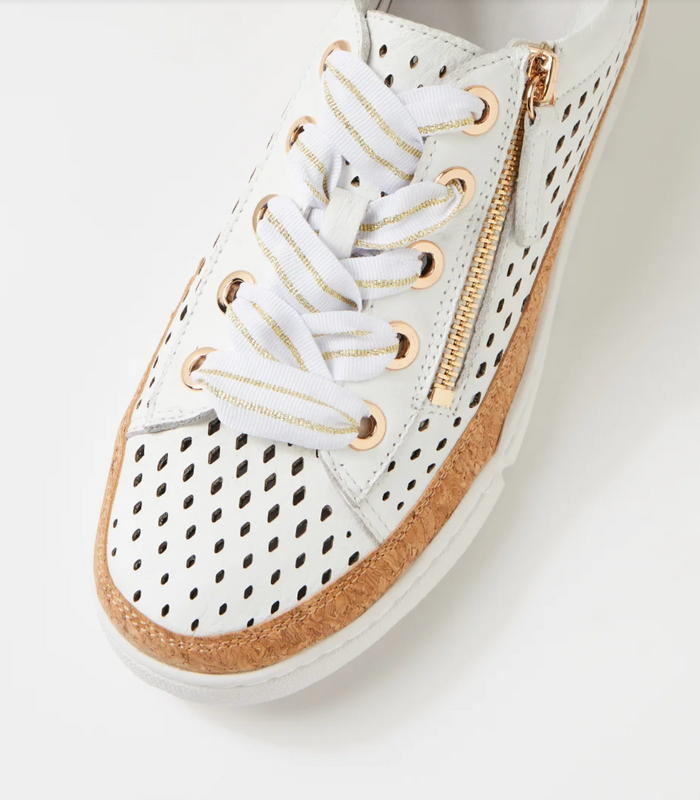 Django & Juliette Torque Laser Cut Leather Zip Sneakers White-Pale Gold | Women's Shoes | Gretel Lane