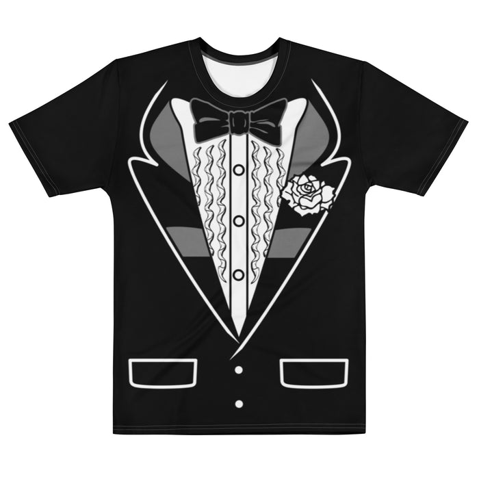 A retro, 80s style black colored short sleeved t-shirt printed with graphics to resemble a tuxedo, with the image of a bowtie, a crisp white button up shirt, a flower on the left lapel, two pockets on the button, and buttons under the lapel.