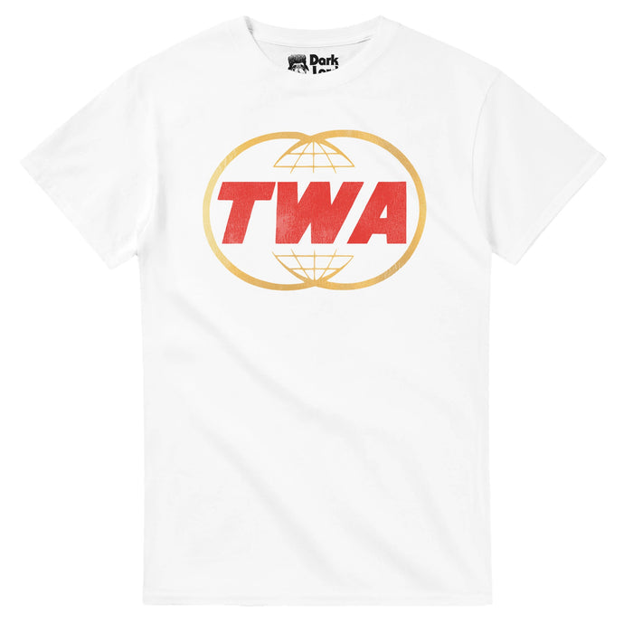 A vintage, white colored souvenir Trans World Airlines t-shirt with the iconic TWA red colored logo on top of two intersecting golden globes. References the 1930s-2000s airline, one of the biggest airlines in the world in the 1960s, a huge contributor to the development of airplane safety and passenger service, and known as one of the original "Big Four" United States airlines for domestic flights.