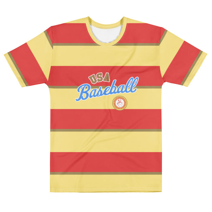 A retro, 80s style mens crew neck t-shirt and costume with orange, yellow, and gold strips, the words "USA Baseball" and a small circular baseball symbol image. References the comedy indie film "Hot Rod" and is the shirt that actor Jorma Taccone wore as character Kevin Powell.
