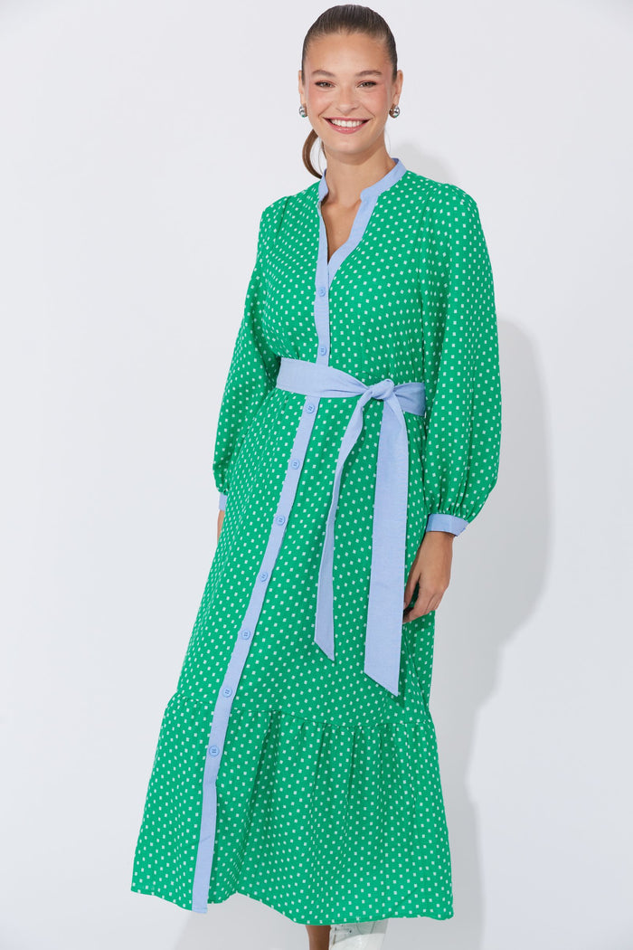 Haven Vanuatu Dress in Oasis | Green Polka Dot Shirt Dress with Blue Contrast Trim | Women's Maxi Dresses Australia