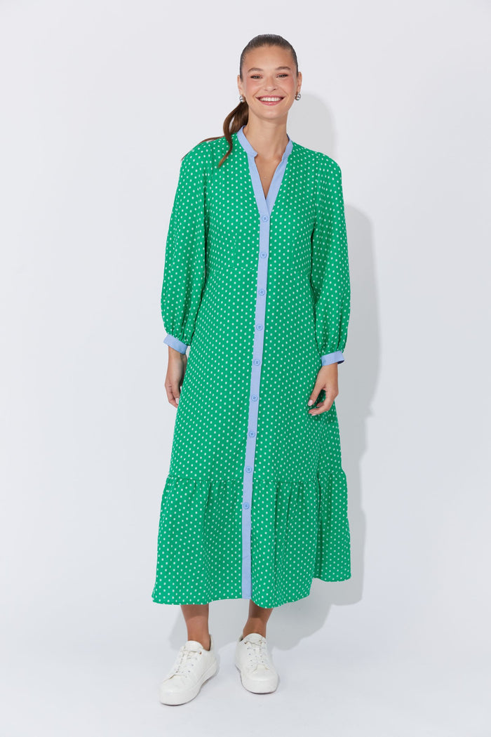 Haven Maxi Dress | Green Button-Front Maxi Shirt Dress with Waist Tie and Blue Trim | Women's Clothing Boutique Roma
