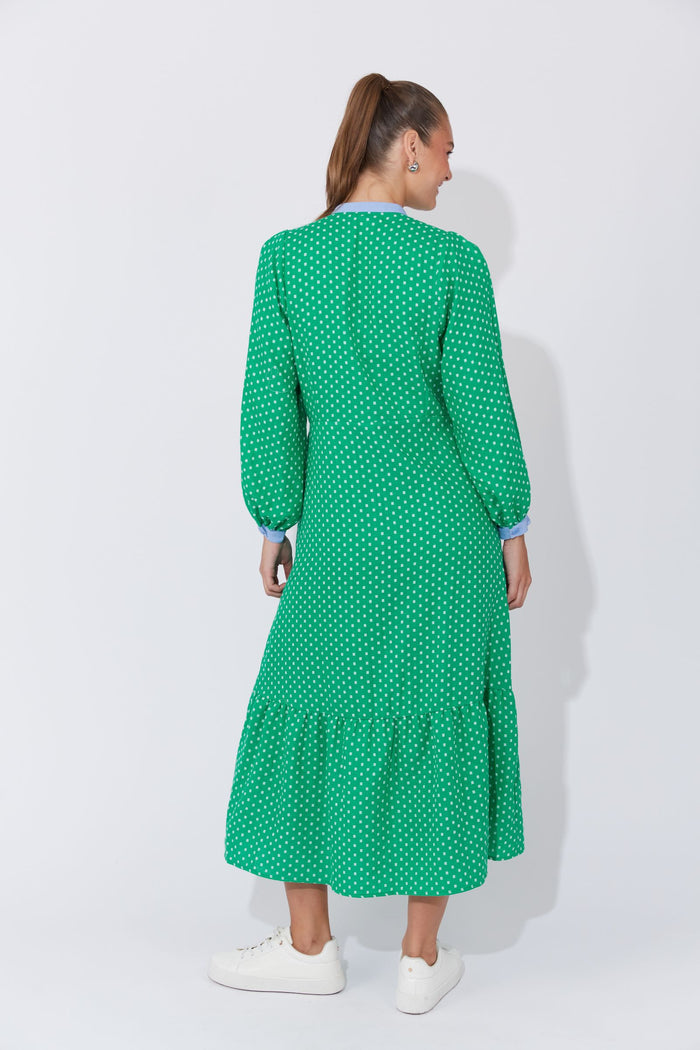 Haven Vanuatu Dress | Green Polka Dot Ankle-Length Long Sleeve Dress with Tie Belt | Gretel Lane